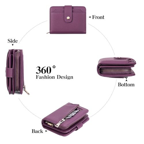 GAEKEAO Small Leather Credit Card Holder Wallets for Women RFID Blocking Bifold Wallet Zipper Pocket with Removable ID Window - color: Y-Purple-Small