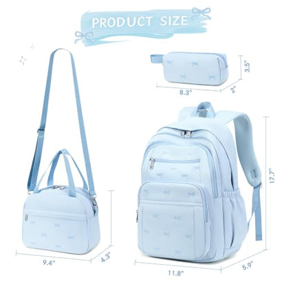 DIGOBAY Backpack for Girls, 3PCS Embroidered Bow Girls Backpack Set - color: Blue Bow
