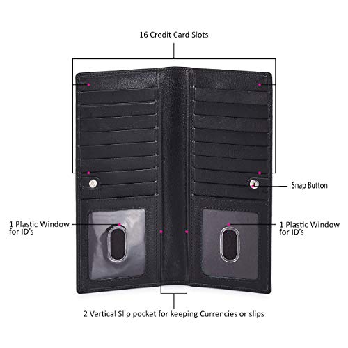 Long Wallet for Men Women Leather Slim Bifold RFID Blocking Card Holder | Real Top Grain Leather, Stylish 18 Credit Card Slots, 2 ID Windows, 2 Currency Sleeves, Gift Box, (Black, Nappa) - color: Black Nappa