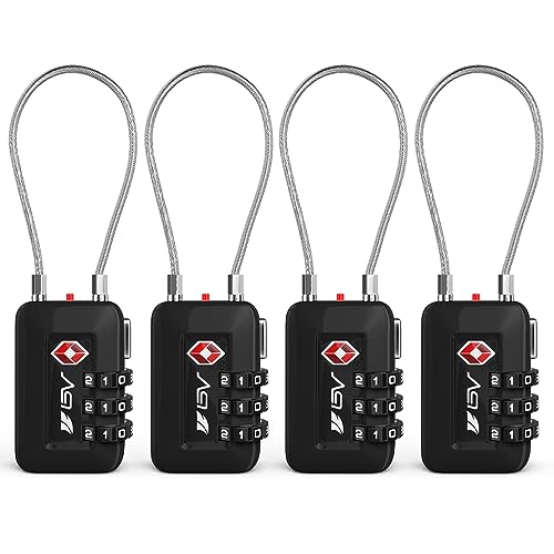 BV Luggage Locks TSA Accepted, Travel Sentry Approved 3-Digit Combination Suitcase Locks with Open Alert & Flexible Cable for Travel, Backpacks, Lockers, Cases, Black, 4 Pack - color: Black 4-Pack