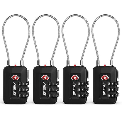 BV Luggage Locks TSA Accepted, Travel Sentry Approved 3-Digit Combination Suitcase Locks with Open Alert & Flexible Cable for Travel, Backpacks, Lockers, Cases, Black, 4 Pack - color: Black 4-Pack