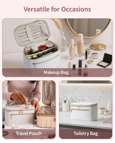 Wandering Nature Makeup Bag, Women Travel Make Up Vanity Case with Handle - color: Divider White, size: Medium