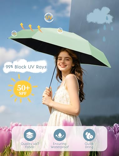 Jorilis Mini Compact Travel Umbrella with Case, Pocket Size UV Sun & Rain - color: Mint Green