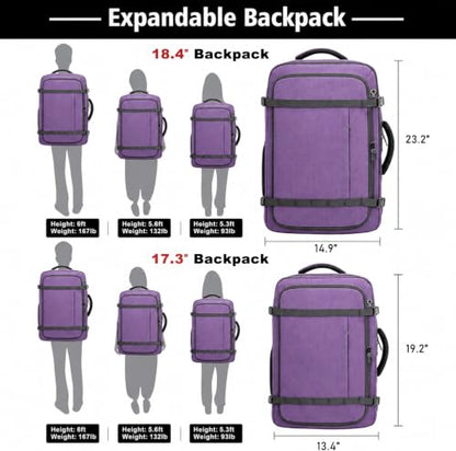 Business Travel Backpack with LifetimeWarranty, Expandable 35-45L Carry On - color: Purple, size: 17.3inch - 19.2"x13.4"x7.9"(+2.7")