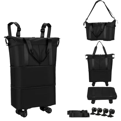 Travel Rolling Duffel Bag with Removable Wheels,Expandable Foldable Carry-On Luggage for Trip or Hospitalization - color: Black Backpack