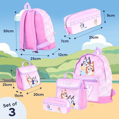 Bluey Backpack for Girls Pink, 3 Piece Set with Lunch Box and Pencil Case