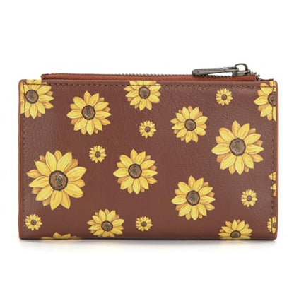 Wrangler Wallet for Women Bifold Card Holder with Zipper and ID Window - color: Daisy-Brown