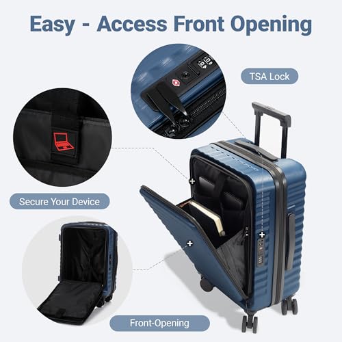 Rosamo 3 Piece Carry On Luggage Set, 20 Inch Front Opening Hardside Suitcase, Spinner Wheels, TSA Lock - color: DarkBlue