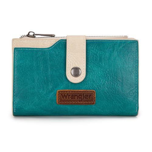 Wrangler Wallet for Women Bifold Card Holder with Zipper and ID Window - color: Tan-Turquoise