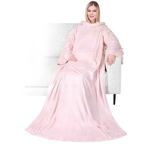 PAVILIA Blanket with Sleeves for Adult Women Men, Soft Warm Wearable Blanket Fleece Wrap Throw, Robe Blanket Gift - color: Light Pink