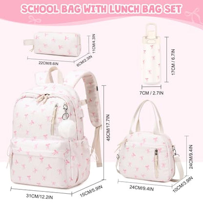 4PCS Corduroy Girls Backpack w/ Water Bottle & Lunch Bag (Beige Bow Tie) - color: 2-beige Bow Tie