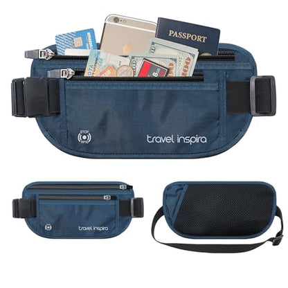 Travel Money Belt with Slim Anti-Theft RFID Passport Holder for Travel - color: Navy Blue