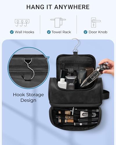 Elviros Hanging Toiletry Bag for Men PU Leather Shaving Kit (Black) - color: Black, size: Large (Pack of 1)