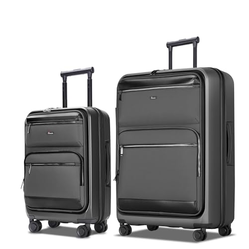 Luggage Sets 2 Piece, Carry On Luggage with Front Pocket & USB Port, Expandable Checked Luggage, Hybrid Soft Front, Hard Shell Suitcases with Spinner Wheels & TSA Lock (20/28 Inch, Grey) - color: Grey