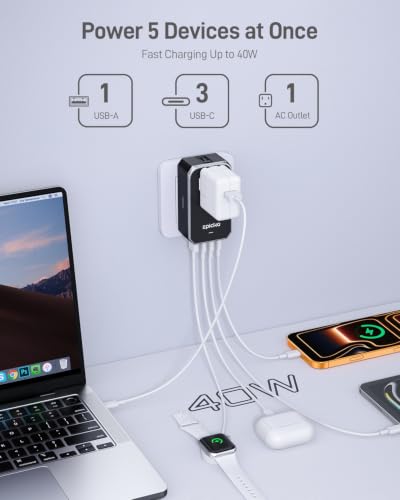 EPICKA Air 40W Universal Travel Adapter PD&QC with 1AC/3USB-C/1USB-A - style: 40W-Black