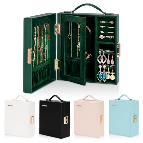 Enthralite Portable Travel Jewelry Case: Jewelry Box with Lock and Mirror - color: Dark Green