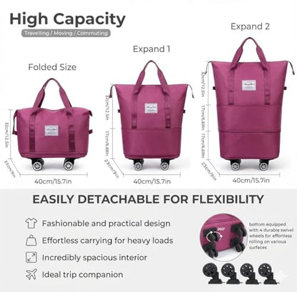 360° Spinner Wheel Duffel Bag, Purple | 3-in-1 Expandable, Tote & Weekend Luggage, Detachable Strap, Large Capacity Carry-On, Travel, Gym & Overnight, Business Trip - color: purple