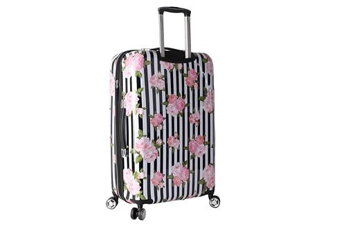Betsey Johnson 26 Inch Checked Luggage Collection - Expandable Scratch Resistant (ABS + PC) Hardside Suitcase - Designer Lightweight Bag with 8-Rolling Spinner Wheels (Stripe Roses) - color: Stripe Roses