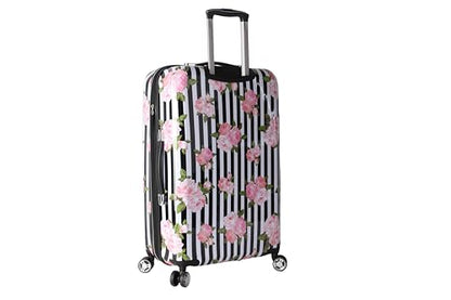 Betsey Johnson 26 Inch Checked Luggage Collection - Expandable Scratch Resistant (ABS + PC) Hardside Suitcase - Designer Lightweight Bag with 8-Rolling Spinner Wheels (Stripe Roses) - color: Stripe Roses