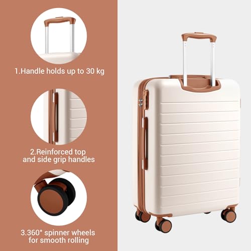 Kono Checked Suitcase 24in Expandable ABS+PC Side Handles luggage White - color: Cream White, size: Checked-Medium 24-Inch