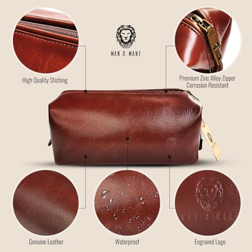 MAN & MANE Premium Leather Toiletry Bag, Cognac Brown