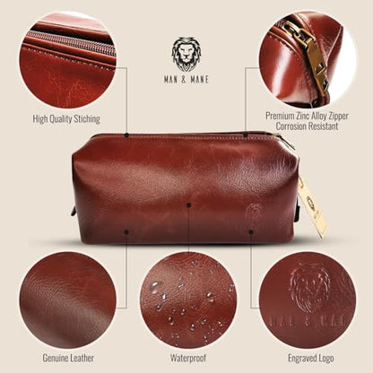 MAN & MANE Premium Leather Toiletry Bag, Cognac Brown