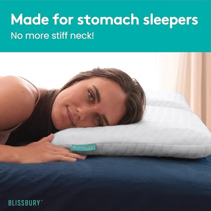 BLISSBURY Cooling Stomach Sleeper Pillow, Thin Memory Foam, 2.2 Inch - color: Cooling (White), size: 2.2"H (Queen)