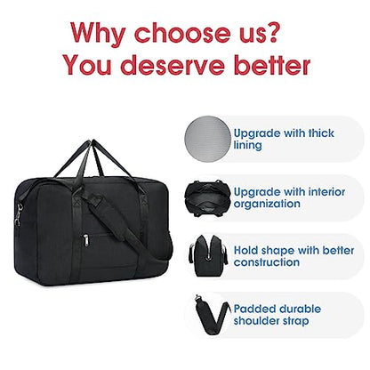 Carry on luaggage 22x14x9 Airlines Approved Foldable Carry on Bag Travel Duffel Packable Duffle Overnight for Women and Men 40L (Black) - color: Black, size: 40L