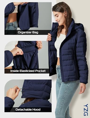 Packable Down Jacket Women Lightweight Quilted Puffer Coat Hooded Travel - color: Navy Blue, size: Large