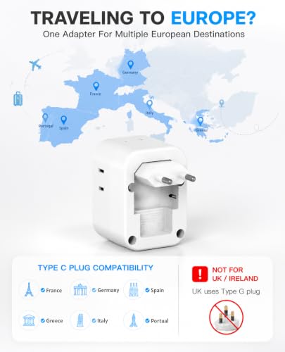 European Travel Plug Adapter, Foldable Type C Adapter for US to Most Europe - style: Type C - Most of Europe(Foldable)