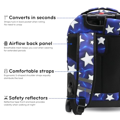 J World Sunrise Kids Rolling Backpack with Wheels for Girls Boys, Roller Bookbag for School, 18 x 13 x 9 Inches, Puffy Star - color: Puffy Star