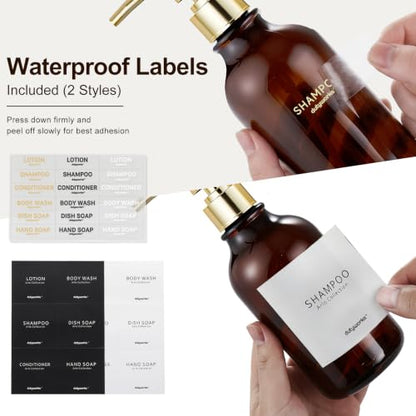Amber Shampoo and Conditioner Dispenser Set of 3 - color: Dark Amber + Gold Pump