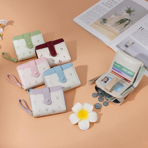 GAEKEAO Small Wallet for Women Vegan Leather Bifold Card Holder RFID Blocking Ladies Purse Floral Pattern with Zipper Pocket - color: Y06-Apricot