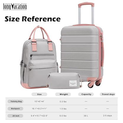 LONG VACATION Luggage Sets with Spinner Wheels, Carry on Suitcase 3 Piece - color: GREY-PINK, size: 3 piece set(BP)