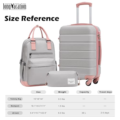 LONG VACATION Luggage Sets with Spinner Wheels, Carry on Suitcase 3 Piece - color: GREY-PINK, size: 3 piece set(BP)