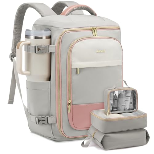 LOVEVOOK Travel Backpack Carry on Flight Approved for Women/Men - color: Gray & Pink, size: 50L-4PCS