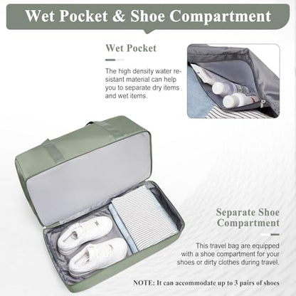 Travel Duffle Bag with Shoes Compartment,Carry-On Weekender Bags for Women - color: Olive Green with Toiletry Bag, size: Large