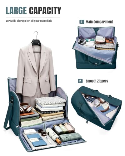Garment Duffle Bag for Travel, Convertible Duffel Bag with Shoe Compartment - color: Peacock Blue