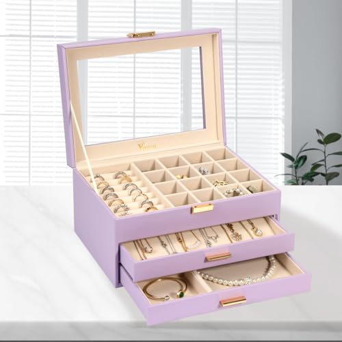 Voova 3-Layer PU Leather Jewelry Box with Glass Lid, Lavender - color: Lavender three-layer, size: 3 Layer