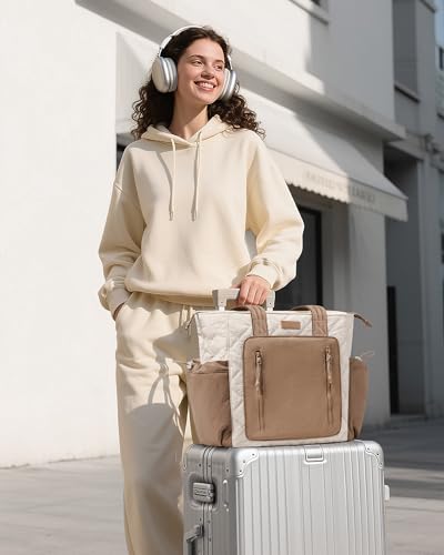 Bagstellar Puffer Tote Bag for Women, Lightweight Puffy Work Laptop Handbag - color: Cream-khaki