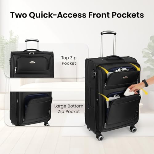 Softside Luggage Sets 3 Piece w/Front Pockets,Expandable - color: Black, size: 3-Piece Set (20"/26"/30'')