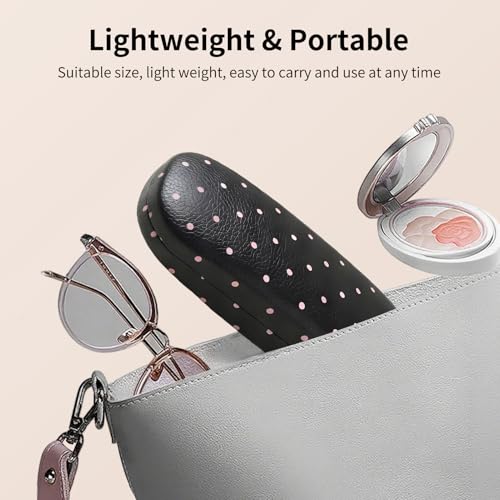 Glasses Case Hard Shell, Cute Sunglasses Case for Women Leather Protective Case for Eyeglass with Cleaning Cloth - color: Black Pink Polka Dot