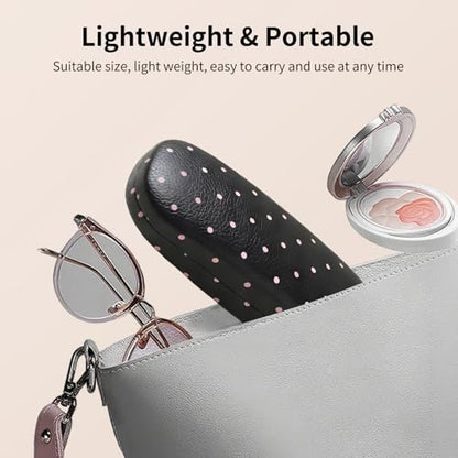 Glasses Case Hard Shell, Cute Sunglasses Case for Women Leather Protective Case for Eyeglass with Cleaning Cloth - color: Black Pink Polka Dot