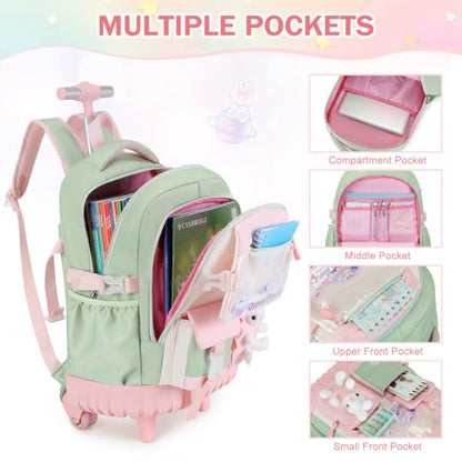 FIXITOK Rolling Backpack for Girls, Kawaii Bunny Roller Wheels School Backpacks with Lunch Bag Pencil case, Wheeled Suitcase Bookbag for Elementary Travel Green - color: Green