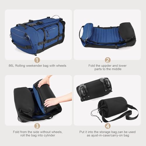 Rolling Duffle Bag with Wheels,86L 30”Carry on Luggage with Wheels,Folding Travel Bag,Duffle Backpack with Separate Shoe Compartment (Dark Blue) - color: dark blue, size: 86L duffle bag