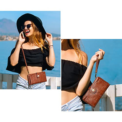 S-ZONE Crossbody Bags for Women Phone Purse RFID Blocking with 2 Straps - color: Dark Brown