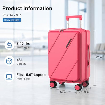 Carry On Luggage 22x14x9 Airline Approved with Front Pocket, Red - color: Red