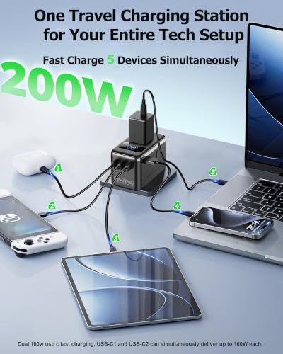 200W GaN Universal Travel Adapter, Dual 100W USB-C for 2 Laptops - color: GaN200W with Smart Display-Black+White