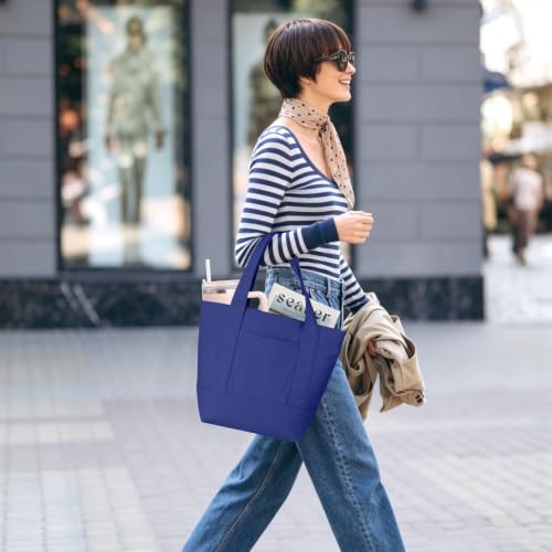 TOPDesign 1-Pack Small Canvas Tote Bag with an External Pocket, Reusable Bag, Top Zipper Closure, Daily Essentials (Blue) - color: Blue, size: Small