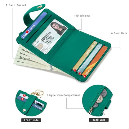 Airkit Small Wallet Women RFID, PU Leather Card Holder with Keychain - color: Deep Green